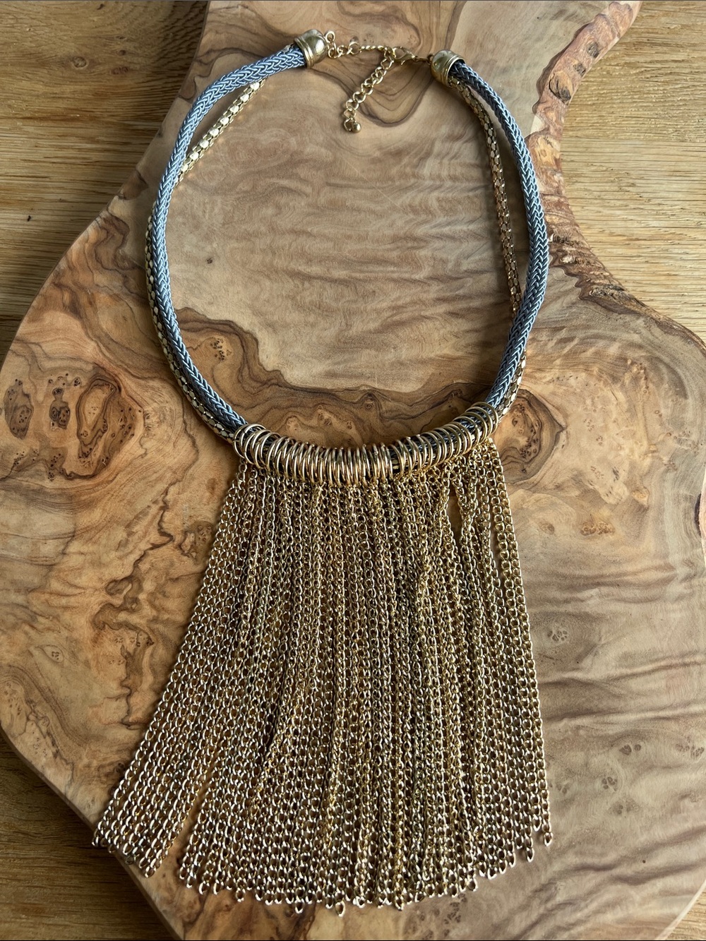 Gold Fringe Statement Necklace with Gray Braided Cord